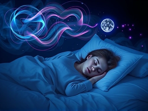 A person sleeping peacefully in a bed, surrounded by ethereal, dream-like elements such as swirling colors, abstract shapes, and subtle representations of memory consolidation and emotional processing. Emphasize the brain activity during dreams and the positive impact on sleep quality. Realistic, calming, deep blue and purple tones.