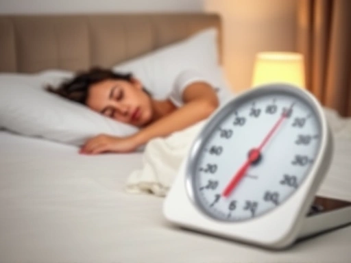 A peaceful bedroom scene with a person sleeping soundly, and a blurry representation of a weight scale in the foreground, symbolizing the link between restful sleep and healthy weight.