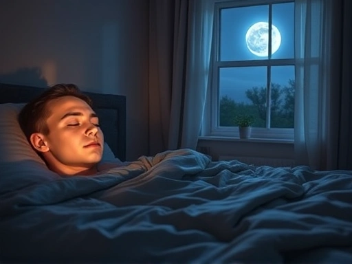 A tranquil bedroom scene with a person sleeping peacefully, soft moonlight filtering through the window, no electronic devices visible, emphasizing good sleep hygiene and a restful night.