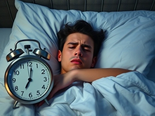 A person lying awake in bed at night, looking distressed and tired, with a clock showing late hours, highlighting sleep problems and insomnia. Focus on the individual's worried expression.