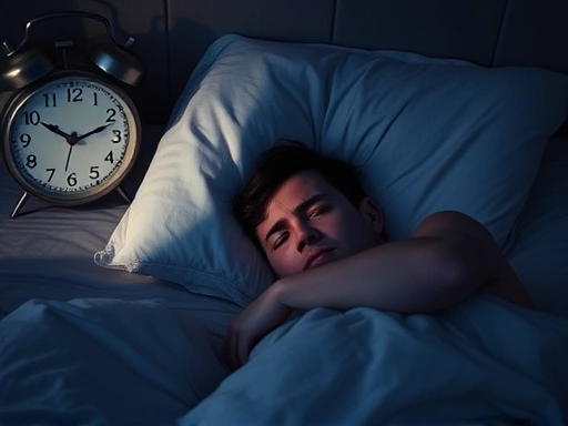 A person lying awake in bed at night, looking distressed and tired, with a clock showing late hours, symbolizing insomnia and mental struggle, highlighting depression and sleep disorder.