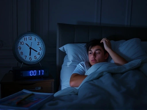 A person is wide awake in bed at 3 AM, looking at a digital clock with a worried expression, symbolizing irregular sleep patterns and their impact. The room is dimly lit by moonlight, creating a sense of solitude and unease.