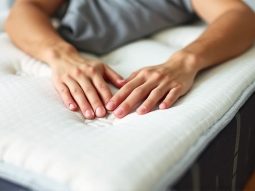 A close-up shot of a person lying comfortably on a mattress, with hands gently pressing the surface, illustrating the testing process for firmness and comfort, highlighting how to select the right mattress type based on personal preferences.