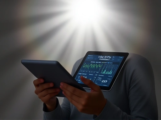 A person thoughtfully reviewing a digital health tracker or app on their tablet, surrounded by light, symbolizing comprehensive health understanding beyond just body weight.