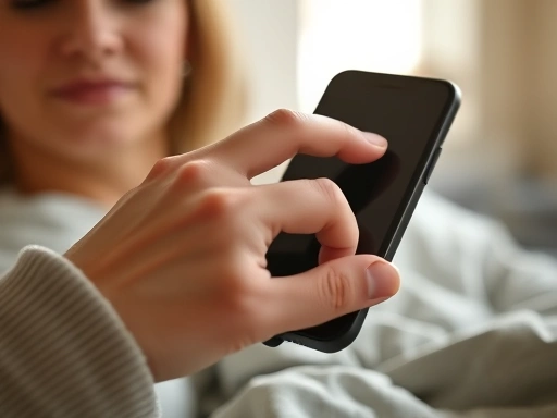 A close-up, dynamic shot of a person's hand reaching to turn off a smartphone alarm, with a serene expression, representing a gentle and effective waking process. Focus on the interaction and the calm morning light.