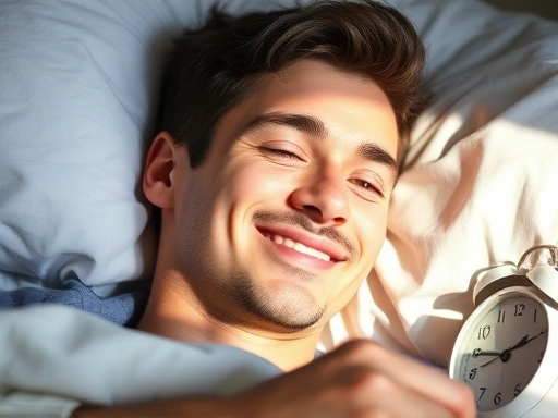 A close-up shot of a person waking up looking refreshed and smiling, with a soft morning light streaming in, perhaps reaching to turn off a gentle alarm clock.