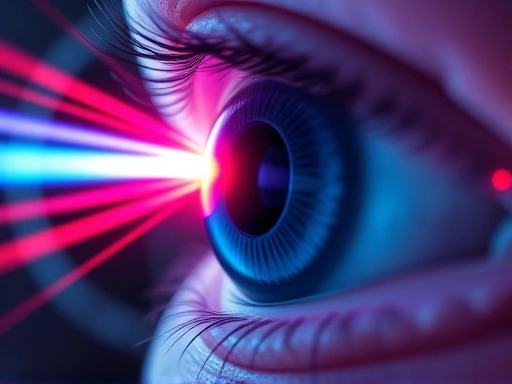 A close-up, abstract representation of the interaction between light waves (blue and red) entering the eye and affecting the suprachiasmatic nucleus (SCN) and pineal gland, symbolizing melatonin secretion regulation. Focus on cellular level and neural pathways with a scientific yet accessible feel.