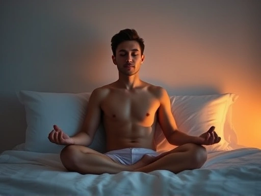 A person meditating peacefully in bed, surrounded by soft, warm light. Serene atmosphere, focus on mindfulness before sleep.