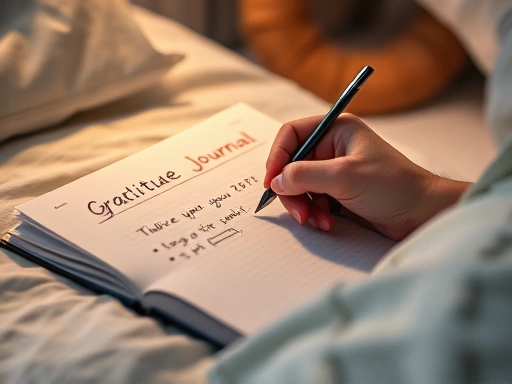 Close-up shot of a hand writing in a gratitude journal with a pen on a bedside table, soft lighting, indicating a reflective and calming evening routine.