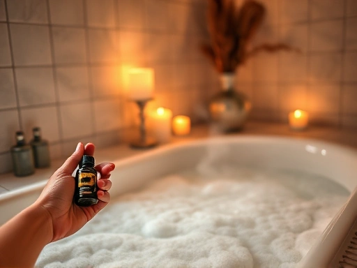 A cozy bathroom scene with warm lighting, steam rising from a bathtub filled with bubbles, a few aromatic candles, and a person's hand reaching for a bottle of essential oil. Focus on a peaceful, relaxing atmosphere.