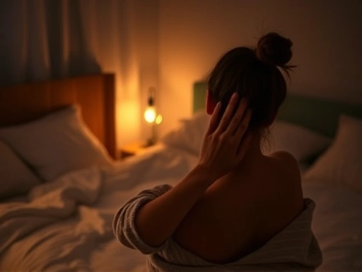 A peaceful bedroom scene at night, a person gently massaging their neck and shoulders, soft lighting, feeling relaxed and calm, focusing on self-care and preparing for sleep. Serene atmosphere.
