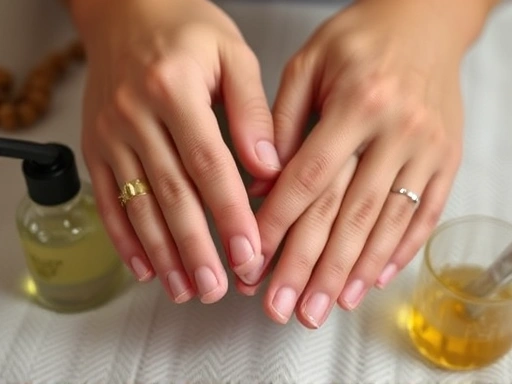Close-up of hands gently massaging feet or hands, perhaps with a small bottle of massage oil nearby. Focus on the texture of skin and soft, circular motions. Emphasizing relaxation and comfort.