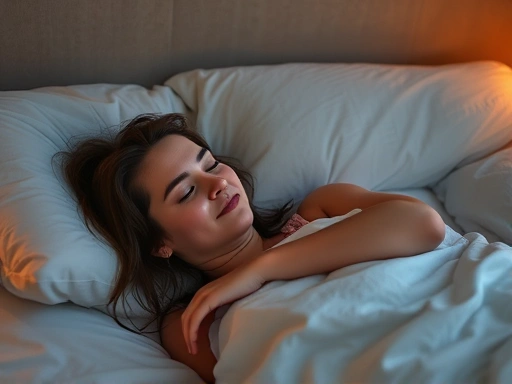 A person lying in bed, looking relaxed and peaceful, with soft, warm lighting. The image should convey tranquility and the successful management of pre-sleep worries through cognitive techniques. Focus on a serene atmosphere.