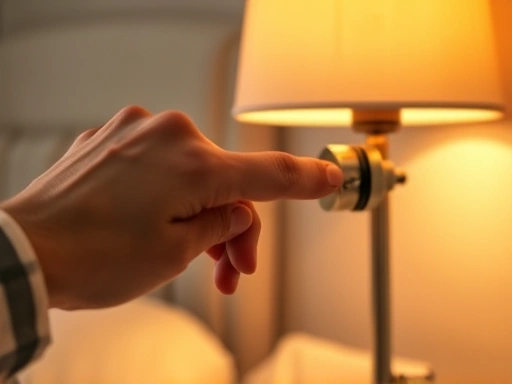 A close-up of a hand adjusting a dimmer switch on a bedside lamp, showing warm, soft light illuminating a small area of a neutral-colored bedroom. Focus on the detail of the lamp and the quality of light.