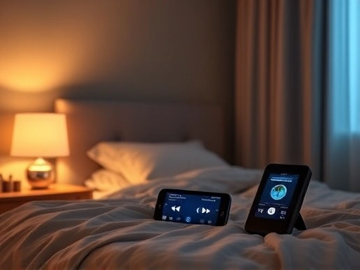 A serene bedroom scene with soft, warm lighting, a comfortable bed, and a digital device playing calming sleep music, evoking deep relaxation and peace.