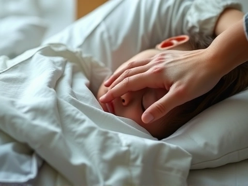 Close-up of a hand gently touching a sleeping person's shoulder, in a safe, padded bedroom, illustrating coping strategies for Rem Sleep Behavior Disorder. Focus on safety and care.