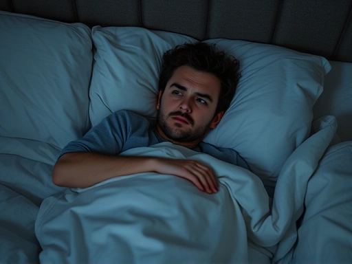 A person tossing and turning in bed, acting out a dream, with concerned expressions, representing Rem Sleep Behavior Disorder symptoms. Soft, slightly dark lighting.