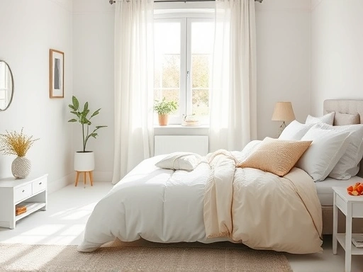 A bright, clean bedroom with various types of bedding neatly arranged, showcasing different seasonal textures and colors, emphasizing comfort and hygiene. Include soft sunlight filtering through a window, with a focus on fresh, inviting atmosphere.