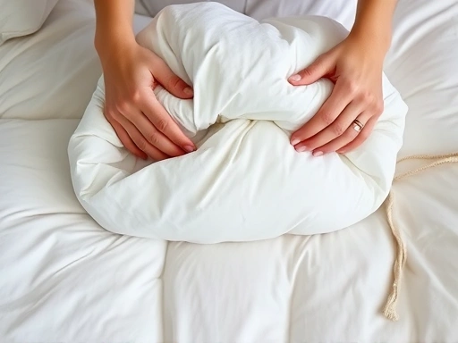 A close-up shot of hands carefully folding and storing a soft, clean duvet, with a labeled storage bag nearby. The focus is on the texture of the bedding and the meticulous care process.