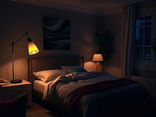 A peaceful, cozy bedroom at night with dimmed lights and a comfortable bed, emphasizing the importance of a dark, quiet, and cool sleep environment for effective seasonal sleep regulation.