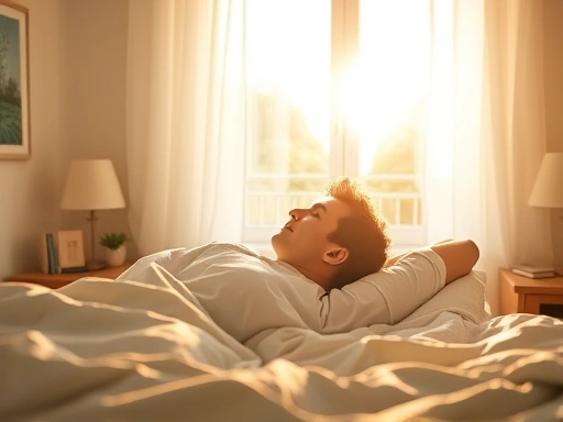 A person waking up refreshed in a brightly lit bedroom, sun shining through the window, symbolizing seasonal sleep pattern adjustment and light therapy benefits, focusing on the calm and natural light.