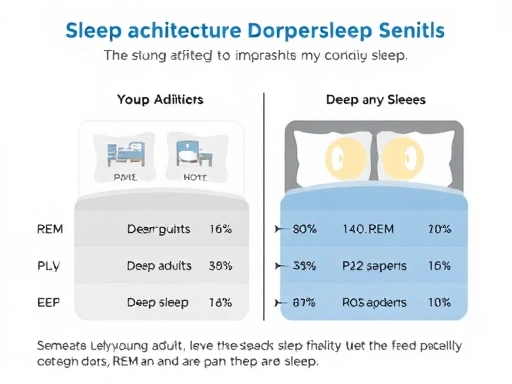 An illustrative chart comparing sleep stages of young adults and seniors, highlighting changes in REM and deep sleep percentages, with a calm, informative tone, focusing on sleep architecture differences.