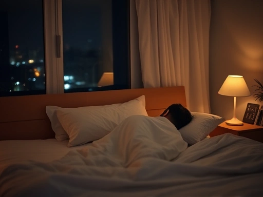 A serene bedroom scene at night, soft ambient lighting, a person sleeping peacefully in a comfortable bed, despite a faint, almost invisible suggestion of city noise outside the window. Focus on tranquility and effective sleep in a noisy environment.
