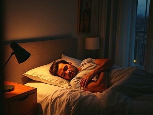 A serene bedroom scene at night, with a person sleeping soundly, soft, warm lighting, emphasizing relaxation and good sleep hygiene, incorporating elements that suggest natural melatonin production.