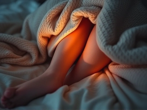 A close-up image showing a person's slightly restless legs under a cozy blanket, with a soft, warm light emphasizing the comfort contrasted with the internal discomfort. Focus on details like subtle movement and texture of the blanket. Keywords: restless legs syndrome, sleep comfort, coping strategies.