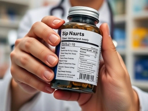 Close-up of hands examining the label of a sleep supplement bottle, with a blurred background of a doctor's office or a pharmacy, emphasizing safety, ingredients, and consulting an expert. SEO keywords: sleep supplement, product safety, ingredient check, expert advice.