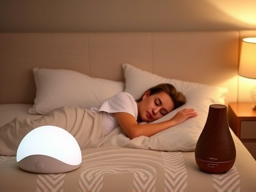 A cozy bedroom setting with soft lighting, a person peacefully sleeping on a comfortable bed, surrounded by various sleep aids like an ergonomic pillow, a white noise machine, and an aroma diffuser, emphasizing comfort and tranquility. SEO keywords: sleep aids, comfortable sleep, bedroom setup.