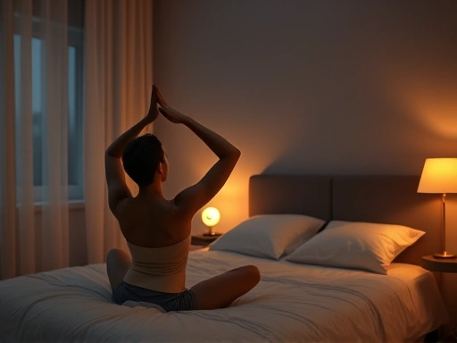 A calming, serene bedroom scene at night, with soft, warm lighting. A person is performing gentle stretching or mindful breathing on a bed, illustrating peace and relaxation before sleep. Focus on a tranquil atmosphere and subtle movement.