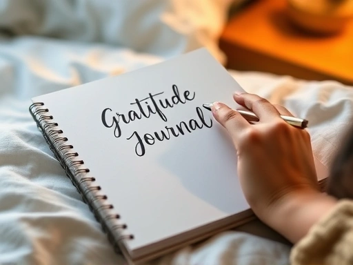 A close-up shot of a hand gently holding a gratitude journal and a pen on a bedside table, with soft, blurred background lighting. Emphasize comfort, reflection, and quiet contemplation.