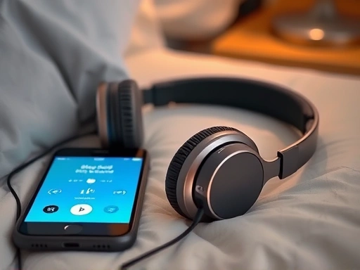 Close-up of a high-quality headphone resting on a bedside table, with a glowing smartphone screen nearby displaying a sleep sound app interface. The focus is on the technology for artificial sleep sounds and its interaction with the sleep environment, highlighting details.