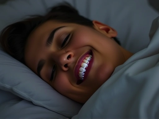 A person sleeping peacefully with a subtle, protective glow around their teeth, representing bruxism prevention and a calm night's rest, clear, serene, soft lighting, detailed. 