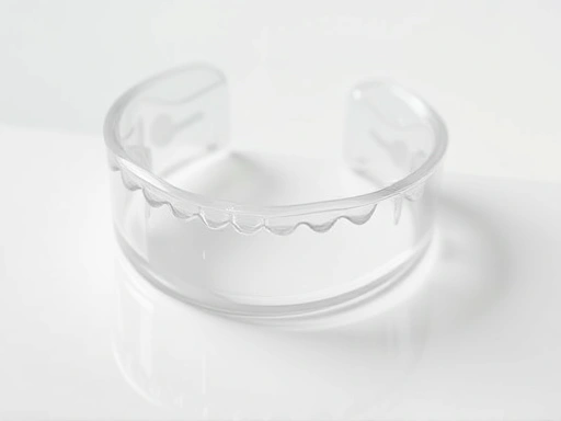 Close-up of a custom-fitted clear dental mouthguard resting on a pristine white surface, showing detail, precise contours, and its protective quality. 