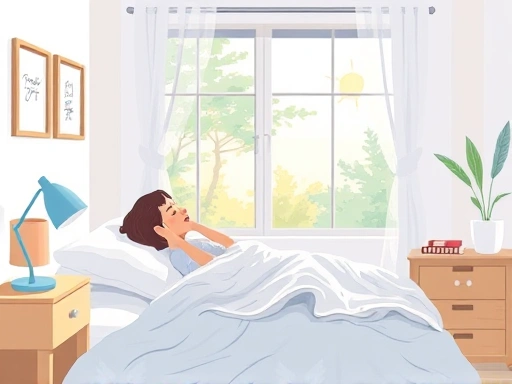 An illustration showing a person waking up consistently on weekdays and weekends, with sunlight streaming through a window, emphasizing a calm and consistent morning routine. Keywords: consistent sleep, morning routine, balanced life, sleep schedule.
