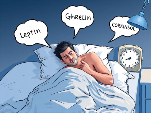 A person tossing and turning in bed, surrounded by thought bubbles depicting various hormones like leptin, ghrelin, and cortisol, with a scale in the background, illustrating the impact of sleep on weight control.