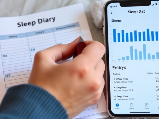 Close-up of a hand holding a pen, making notes on a sleep diary template or a smartphone app screen displaying sleep data charts and daily entries, highlighting the detailed analysis process for sleep patterns.