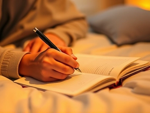 A person diligently writing in a sleep diary with a pen, surrounded by calm, warm bedroom light, showing a focused and organized approach to sleep improvement, emphasizing self-care and sleep health tracking.