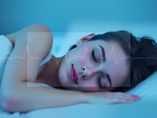 A serene sleeping person with a transparent overlay of a heart rate monitor displaying a calm, steady heart rate chart, symbolizing health and sleep monitoring. Include soft blue and white tones.