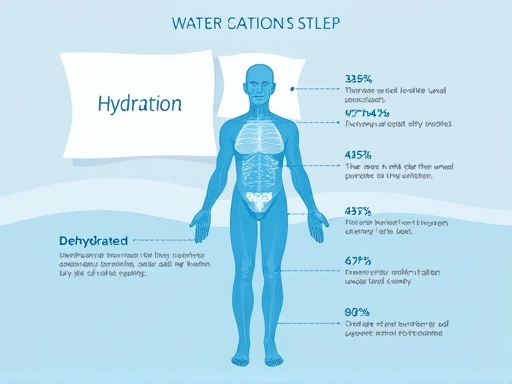 A detailed diagram showing the human body's hydration levels during sleep, with clear indicators of optimal balance and the effects of dehydration, using blue and light colors for tranquility and scientific accuracy to illustrate sleep benefits from proper water intake.