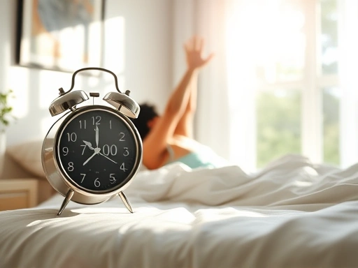 A bright, sunlit bedroom with an alarm clock showing 7:00 AM, a person stretching gently in bed, natural light streaming through the window, symbolizing a refreshing start to the day. Emphasize consistency and natural light.