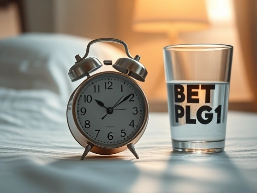Close-up of a digital alarm clock displaying an early morning time, placed next to a glass of water on a bedside table, with soft morning light illuminating the scene, symbolizing a commitment to regular wake-up times and healthy habits.