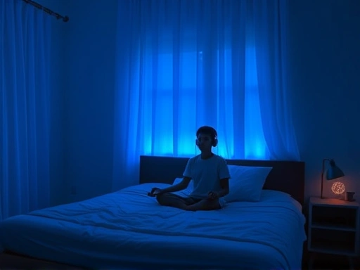 A peaceful bedroom at night, soft blue light, a person comfortably meditating on a bed with headphones, calm and serene atmosphere, sleep meditation music.