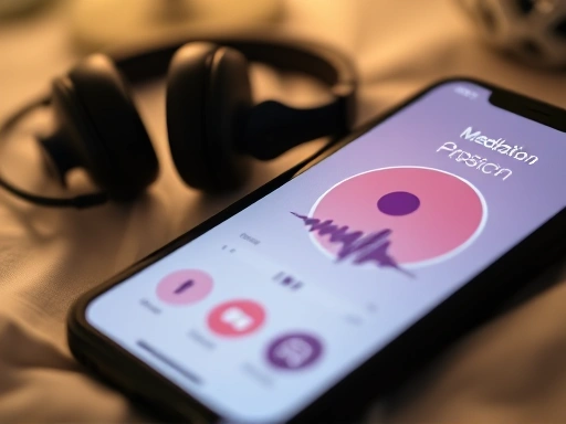Close-up of a smartphone screen showing a meditation app with a calm music waveform, headphones next to it on a bedside table, soft ambient light, focus on the details of the app interface and headphones.