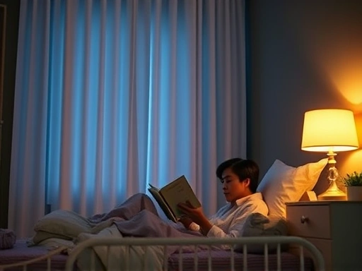 A serene bedroom scene at night, soft warm glow from a sleep mood light, a person reading a book peacefully, contrasting with a bright overhead regular light in the background. Sleep environment, lighting effects.