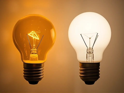 Close-up of different light bulbs, one emitting warm yellow light (mood light), another emitting cool white light (regular light), emphasizing their distinct colors and effects on sleep and alertness.