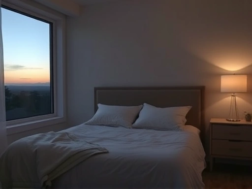 A serene bedroom scene at dusk, with soft lighting and a comfortable bed, symbolizing peace and recovery, focusing on sleep environment and restoration. The room is tidy and calming.
