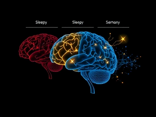 A sophisticated, abstract illustration of brain activity during different sleep stages, with glowing connections representing memory consolidation, emphasizing the scientific relationship between sleep patterns and memory.